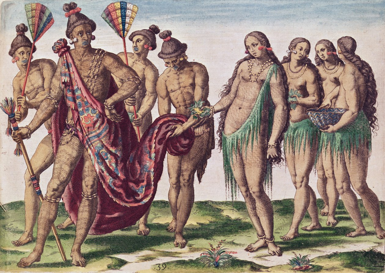 Satouriona főnök és felesége sétálni indul, a „Brevis Narratio…” XXXIX. táblája, Theodore de Bry (1528-98) metszetével alkotó: Jacques Le Moyne