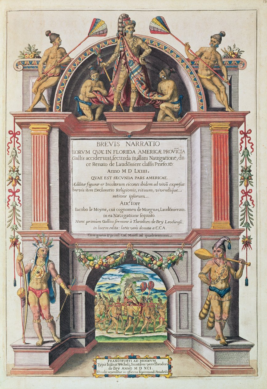 Theodore de Bry (1528-98) metszete a „Brevis Narratio…” címlapjához, Frankfurtban, 1591 alkotó: Jacques Le Moyne