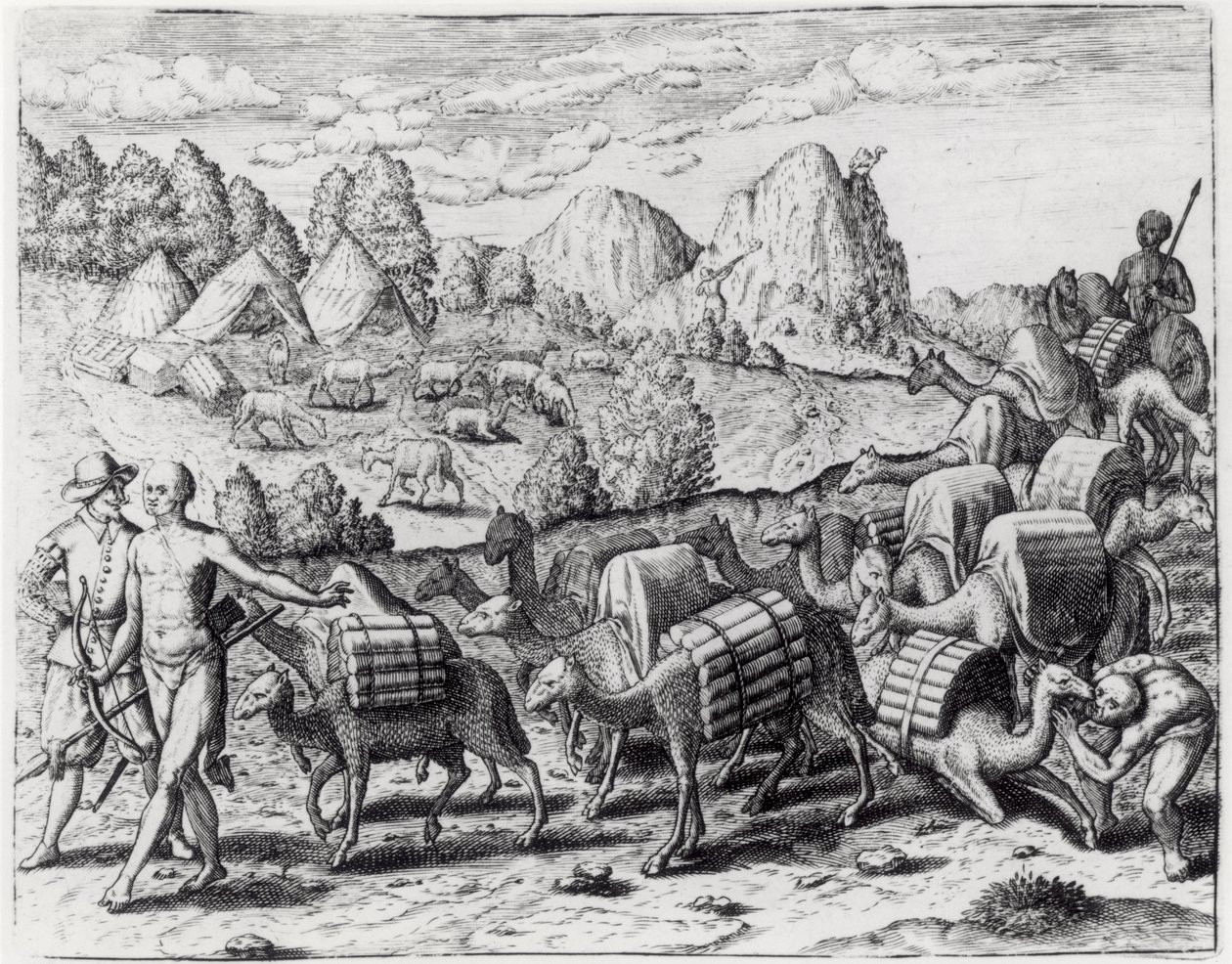 Lámák rakott vonata ezüsttel a perui Potosi bányákból, Theodore de Bry (1528-98) metszetével, az „Americae”-ból, 1602 alkotó: Jacques Le Moyne