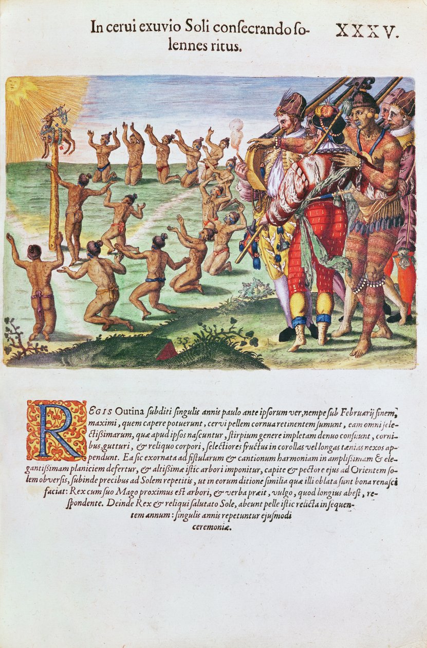 Napimádási szertartás egy szarvas áldozatával, a "Brevis Narratio" című műből, Theodore de Bry (1528-98) metszete 1563. alkotó: Jacques Le Moyne