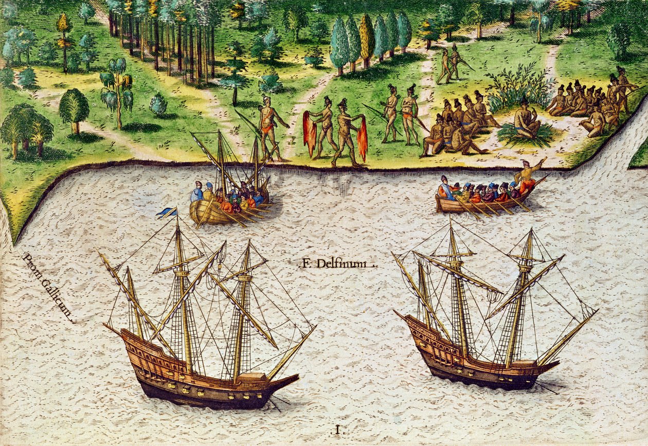 A floridai fok (Gallicum) és a Delfin-folyó (Fleuve Delphinium) a „Brevis Narratio”-ból, Theodore de Bry (1528-98) metszetében 1563 alkotó: Jacques Le Moyne