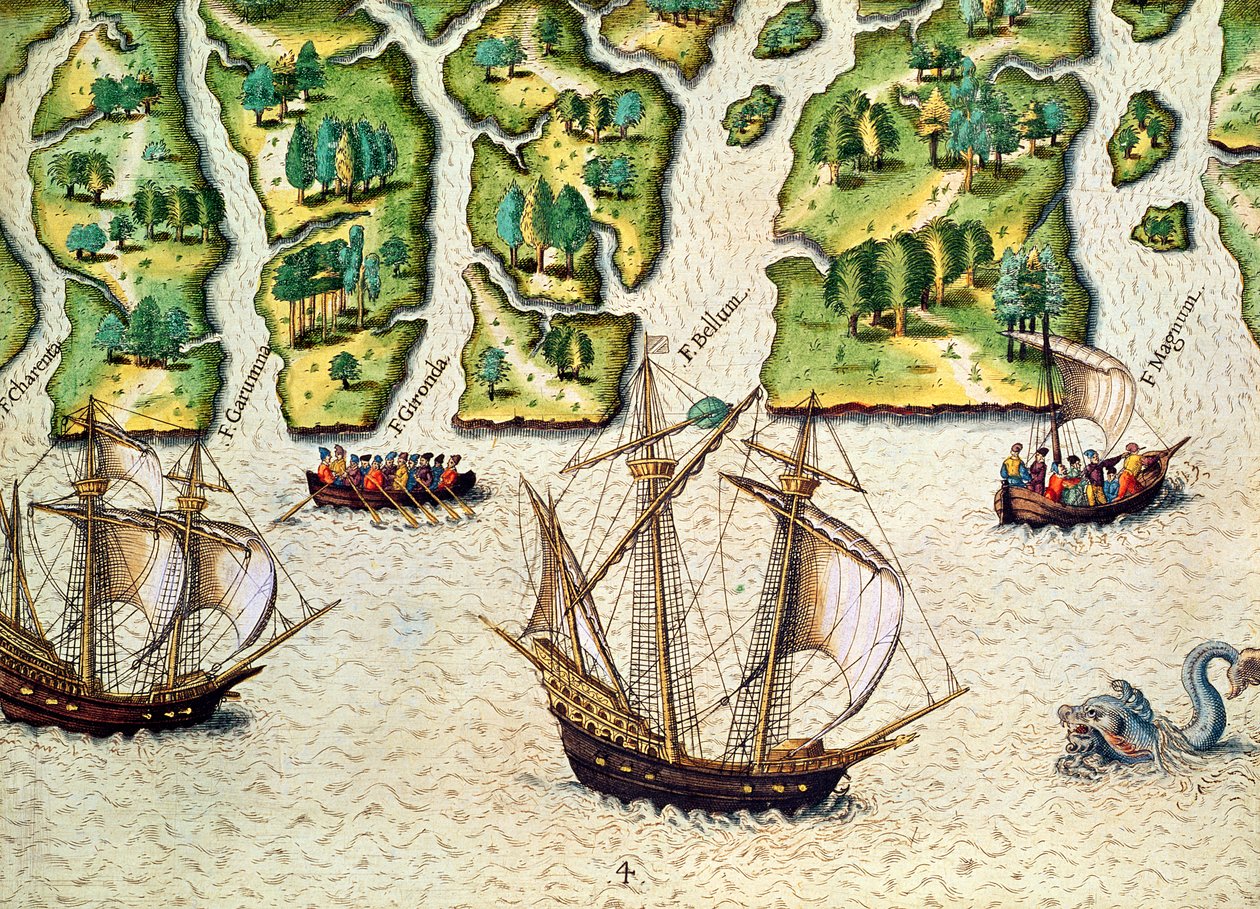 A franciák fedezzenek fel még hat folyót, a „Brevis Narratio...”-ból, Theodore de Bry (1528-98) metszetében, Frankfurtban, 1591-ben. alkotó: Jacques Le Moyne