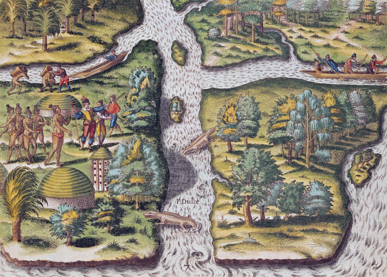 A franciák élelemhiányban szenvedve távoztak Fort Charles-ból, Theodore de Bry (1528-88) 1563-ban metszett „Brevis Narratio”-ból. alkotó: Jacques Le Moyne