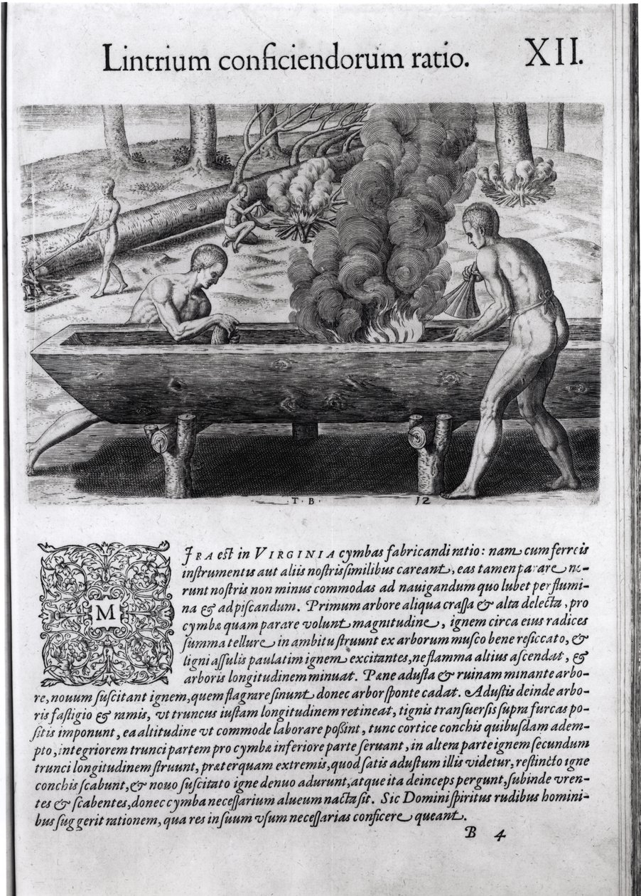 A virginiai indiánok ásócsónakokat készítenek „Americae”-ból, írta és metszett Theodor de Bry (1525-75) alkotó: Jacques Le Moyne