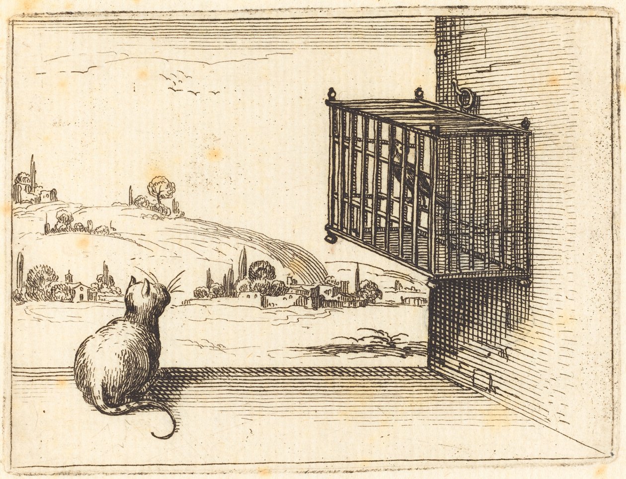 Macska figyeli a ketrecbe zárt madarat alkotó: Jacques Callot