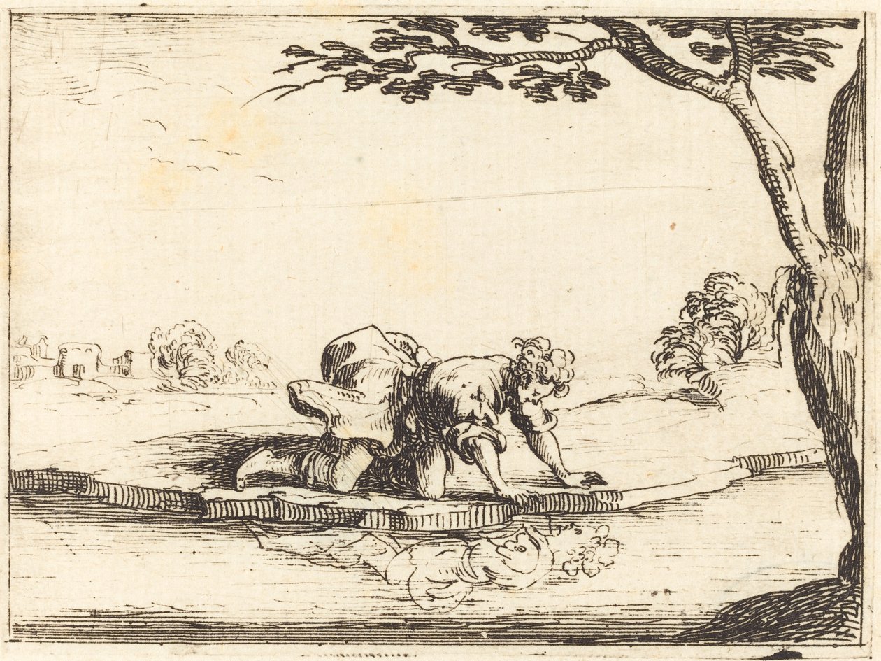 Nárcisz a vízben néz, 1628. alkotó: Jacques Callot