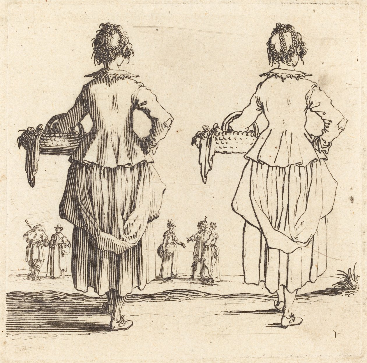 Parasztasszony kosárral, hátulról nézve alkotó: Jacques Callot