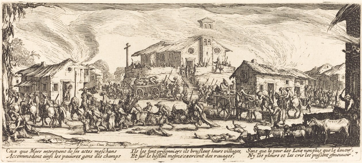 Egy falu kifosztása és felgyújtása, c. 1633. alkotó: Jacques Callot