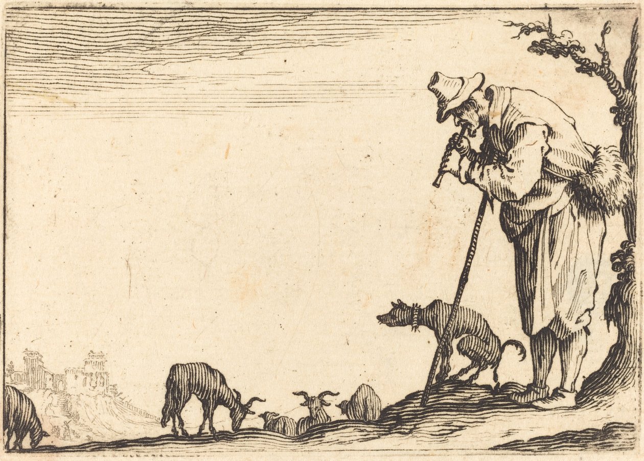 Furulyázó juhász c. 1617. alkotó: Jacques Callot