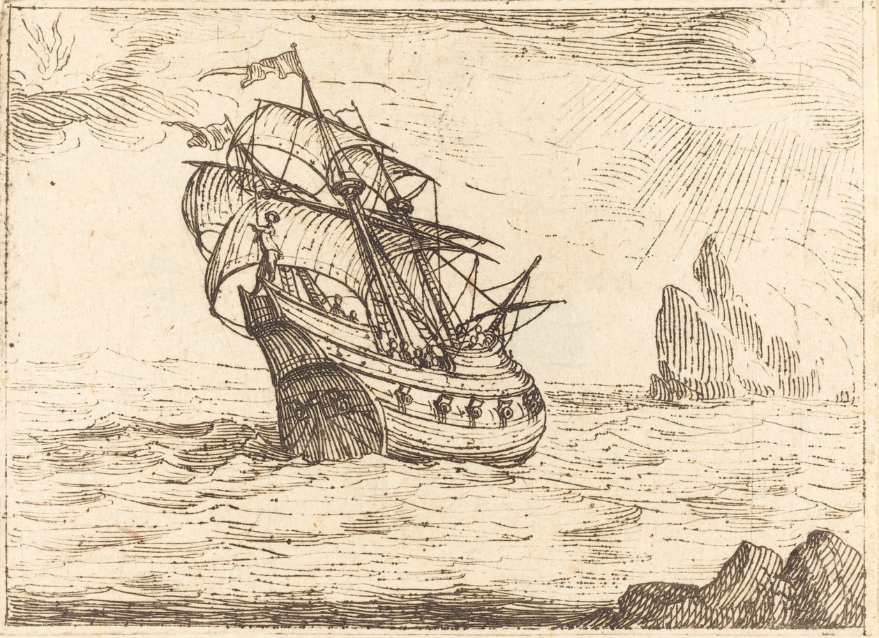 Hajó sziklák közelében navigál. alkotó: Jacques Callot