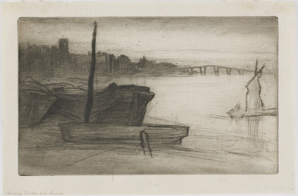 Chelsea híd és templom, 1870-71 körül (szárazhegy papíron) alkotó: James Abbott McNeill Whistler