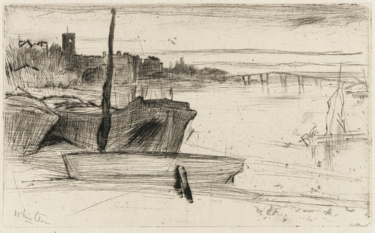 Chelsea híd és templom, 1870-71 körül (szárazhegy papíron) alkotó: James Abbott McNeill Whistler