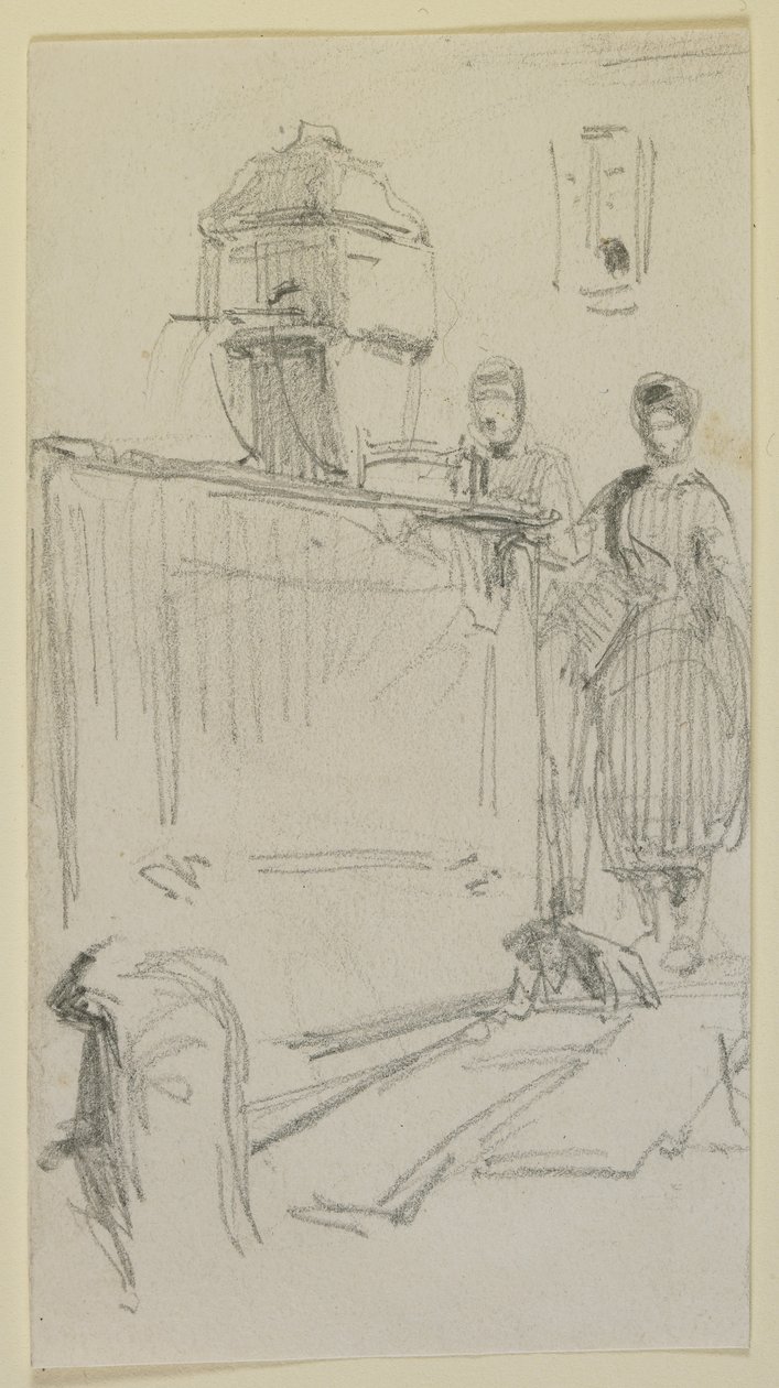 Figurák egy szökőkútnál, 1858 (ceruza, törtfehér vattapapírra) alkotó: James Abbott McNeill Whistler