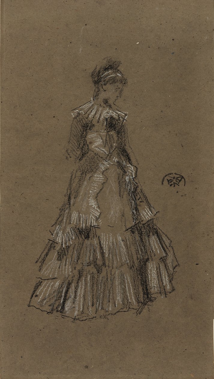 Álló nő hajlott ruhában, 1873-75 körül (fekete és fehér kréta barna papíron) alkotó: James Abbott McNeill Whistler
