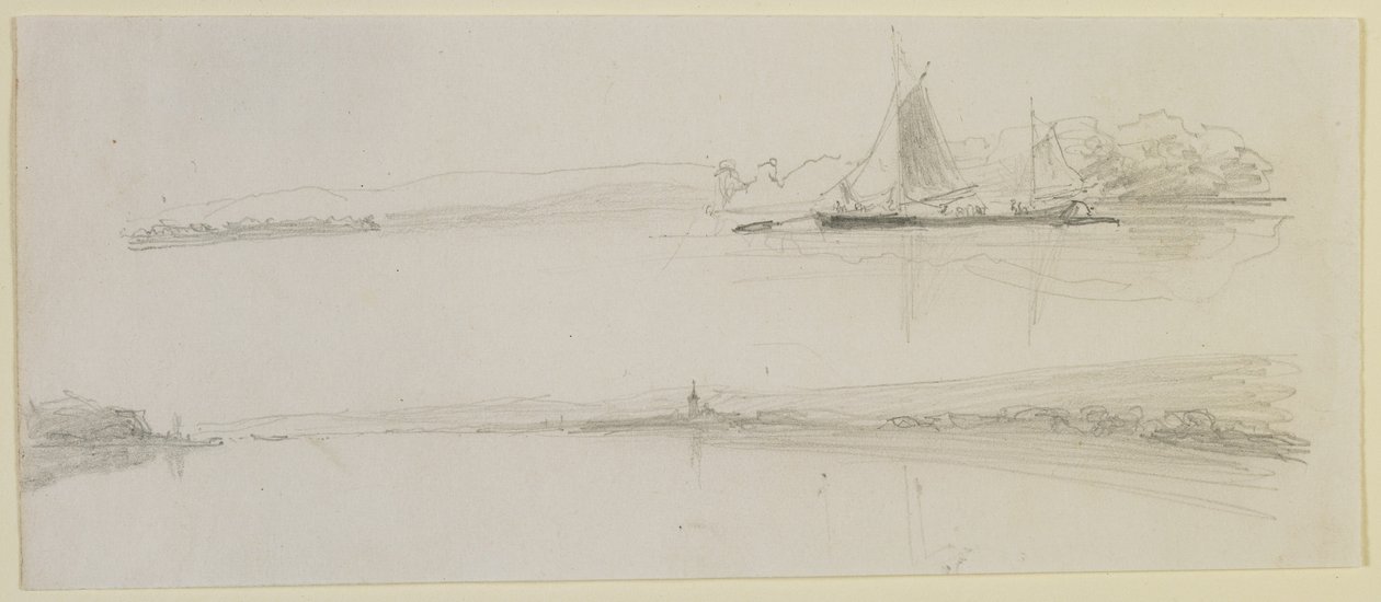 Két jelenet a folyónál, 1858 (ceruza törtfehér szőtt papíron) alkotó: James Abbott McNeill Whistler