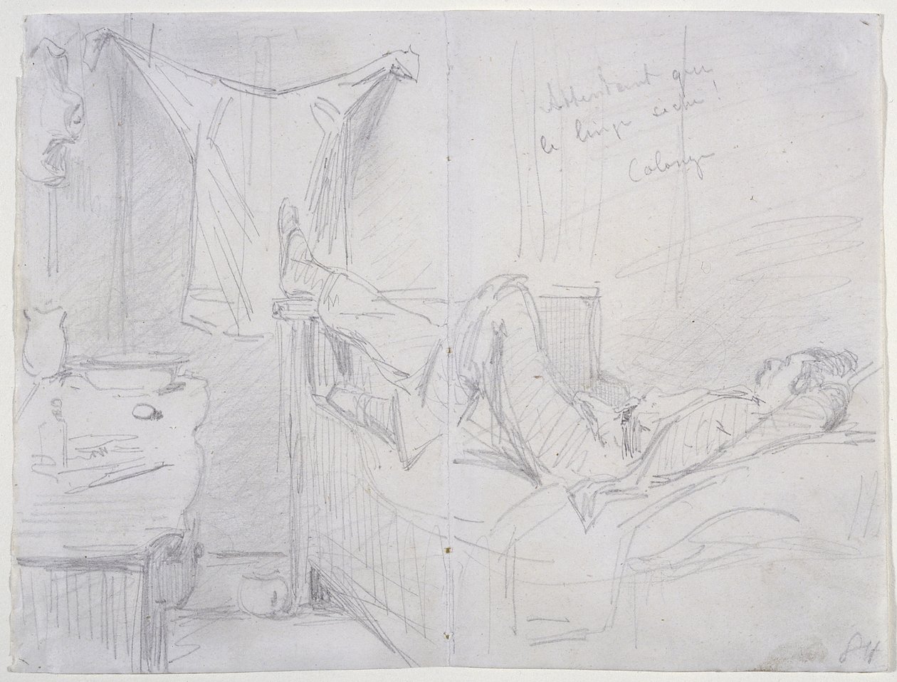 Várakozás a ruhák megszáradására, Köln, 1858 (ceruza törtfehér szőtt papíron) alkotó: James Abbott McNeill Whistler