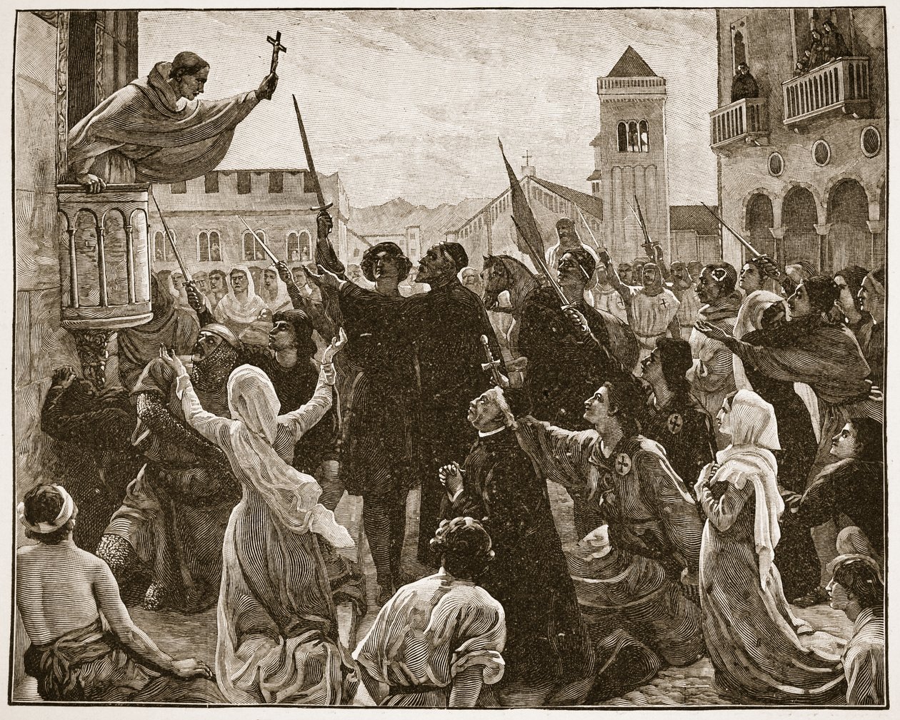 Szent Bernát prédikál a második keresztes hadjáraton, illusztráció az "Anglikán egyház" című könyvből: A History for the People", H.D.M. Spence-Jones, kiad. 1910 körül (szepiaszínű fotó). alkotó: James Archer