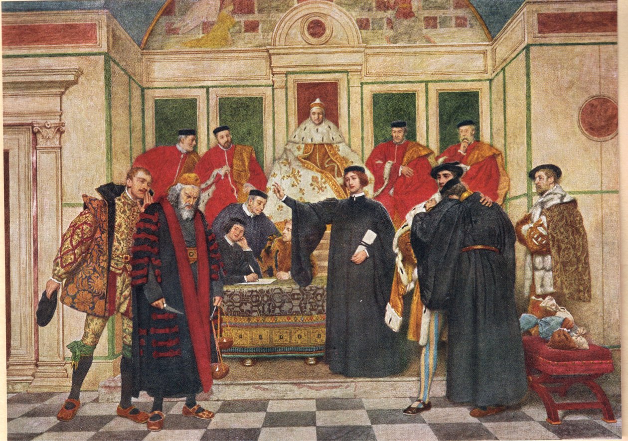 "Mely kényszerhelyzetben, mondom, te vagy", illusztráció a "Velencei kalmárból", 1910 körül. alkotó: James Dromgole Linton