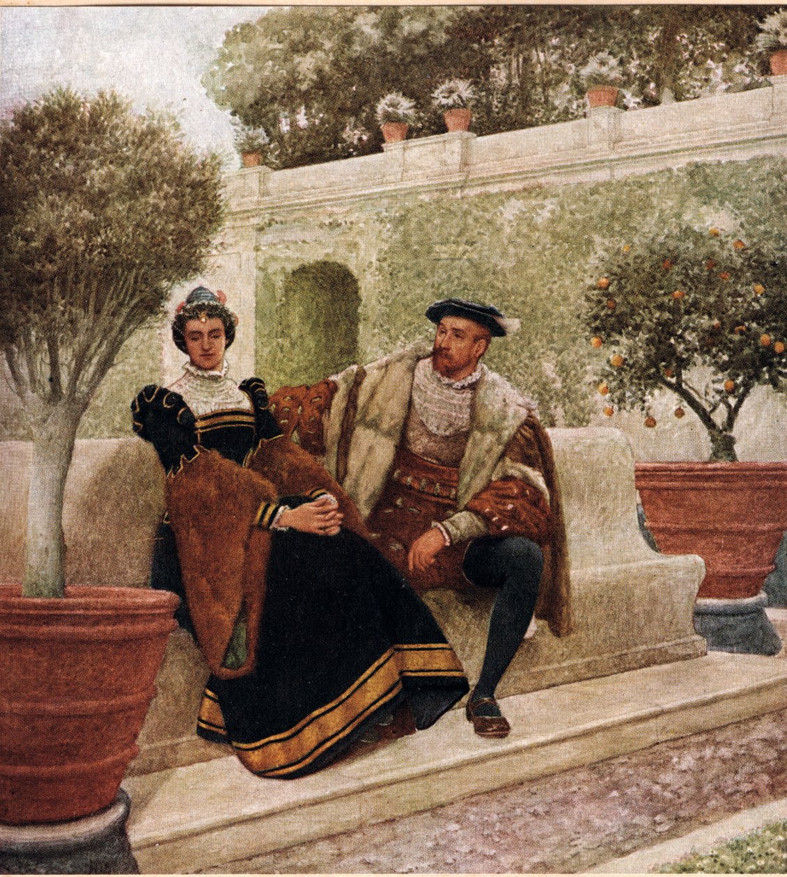 Lorenzo és Jessica, illusztráció a "The Merchant of Velence"-ből, 1910 körül alkotó: James Dromgole Linton