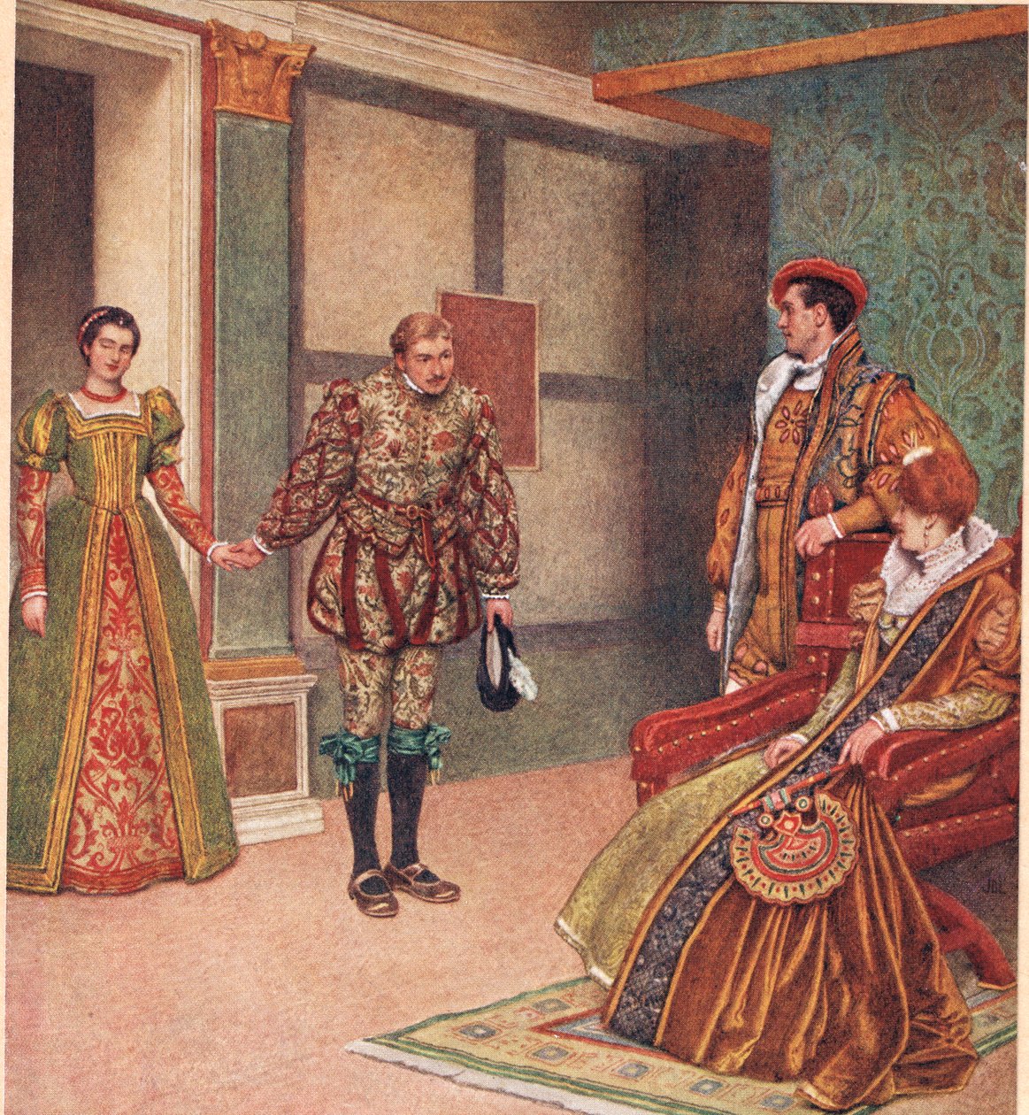 „Láttad az úrnőt, láttam a szobalányt”, illusztráció a „Velencei kereskedő”-ből, 1910 körül alkotó: James Dromgole Linton