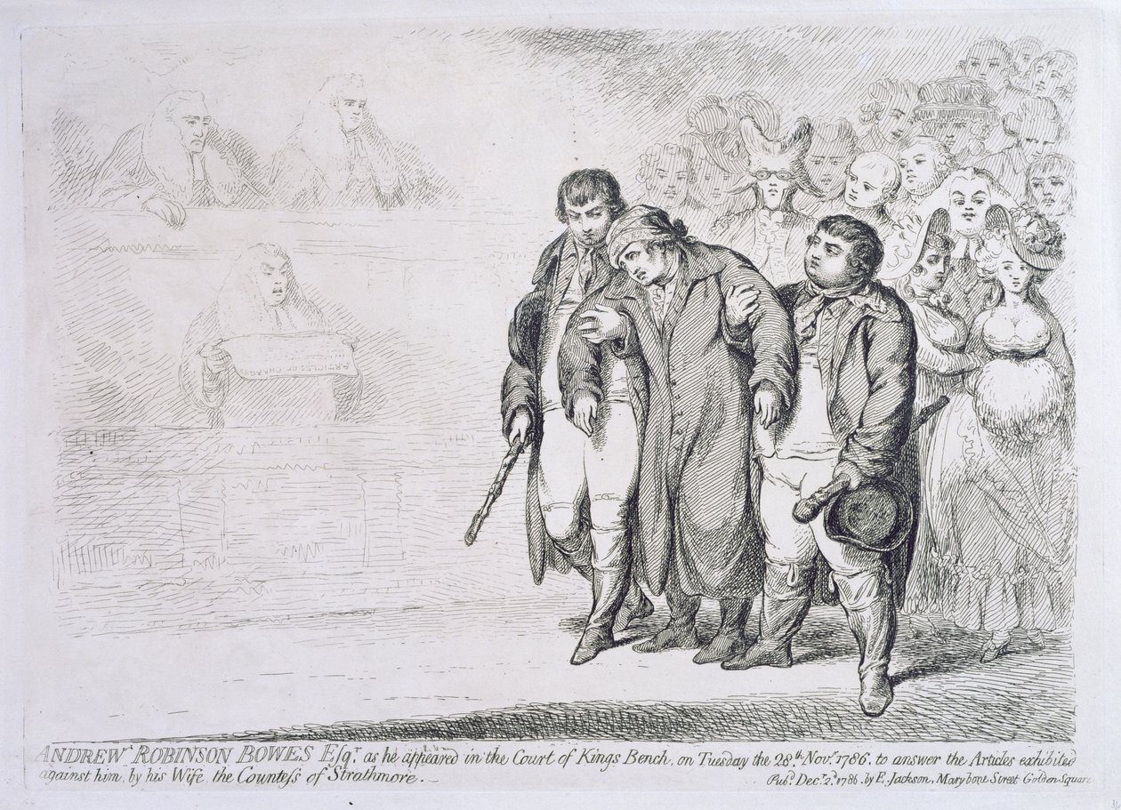 Andrew Robinson Bowes Esq. ahogy 1786. november 28-án megjelent a királyi pad udvarában, hogy válaszoljon a felesége, Strathmore grófnő által ellene kiállított cikkekre. alkotó: James Gillray