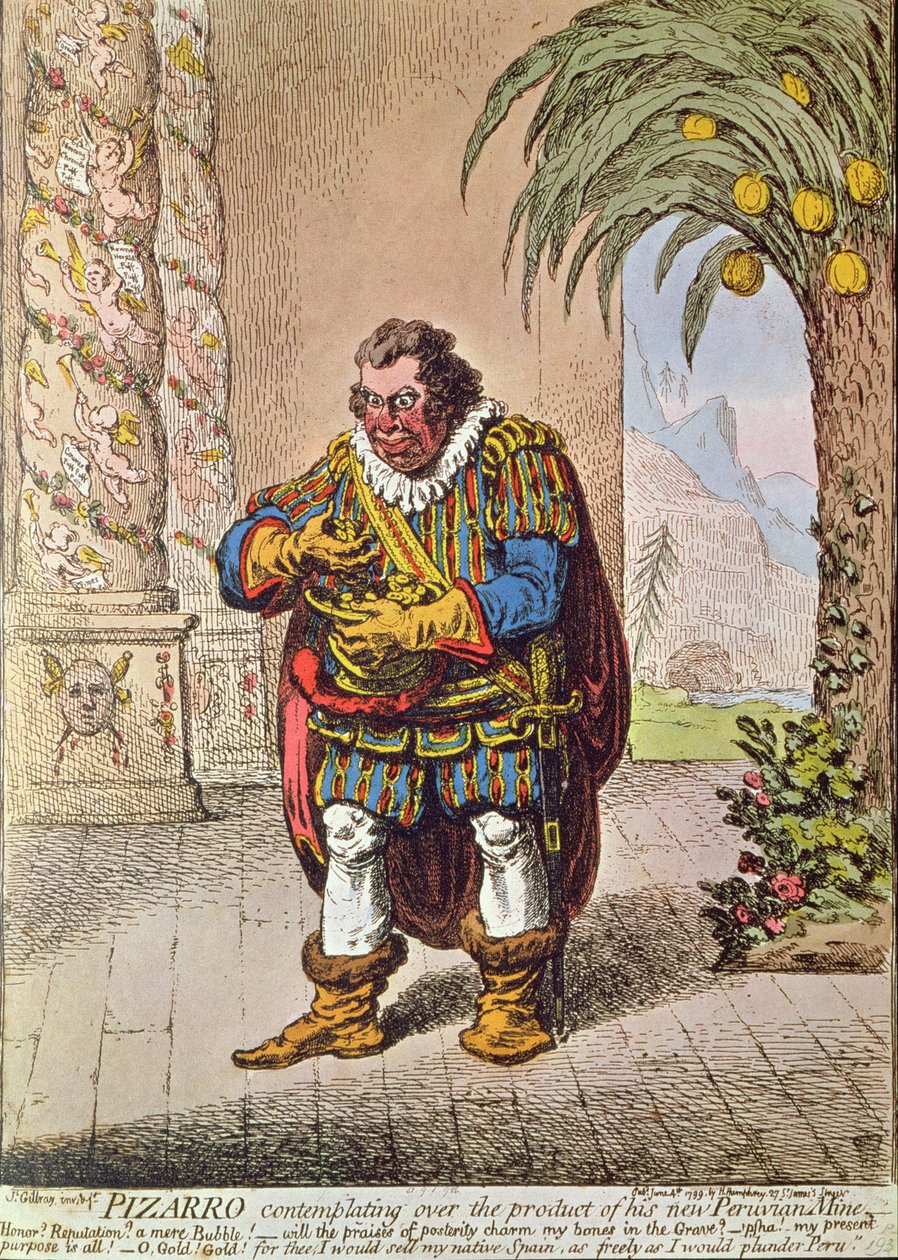 Pizarro karikatúrája, amint új perui bányája termékén elmélkedik alkotó: James Gillray