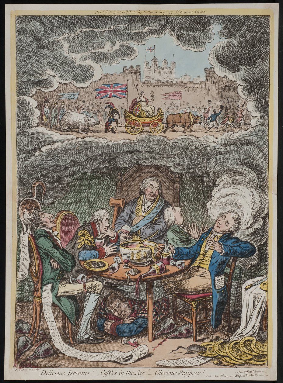 Finom álmok! Várak a levegőben! Dicsőséges kilátások! vide Délutáni szundikálás a hivatalos vacsora fáradalmai után alkotó: James Gillray
