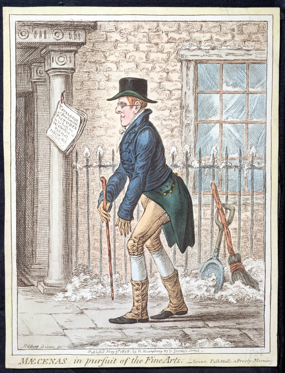 Maecenas in pursuit of the Fine Arts, or Scene, Pall Mall; A Frosty Morning, kiadta Hannah Humphrey 1808-ban (kézzel színezett metszet) alkotó: James Gillray
