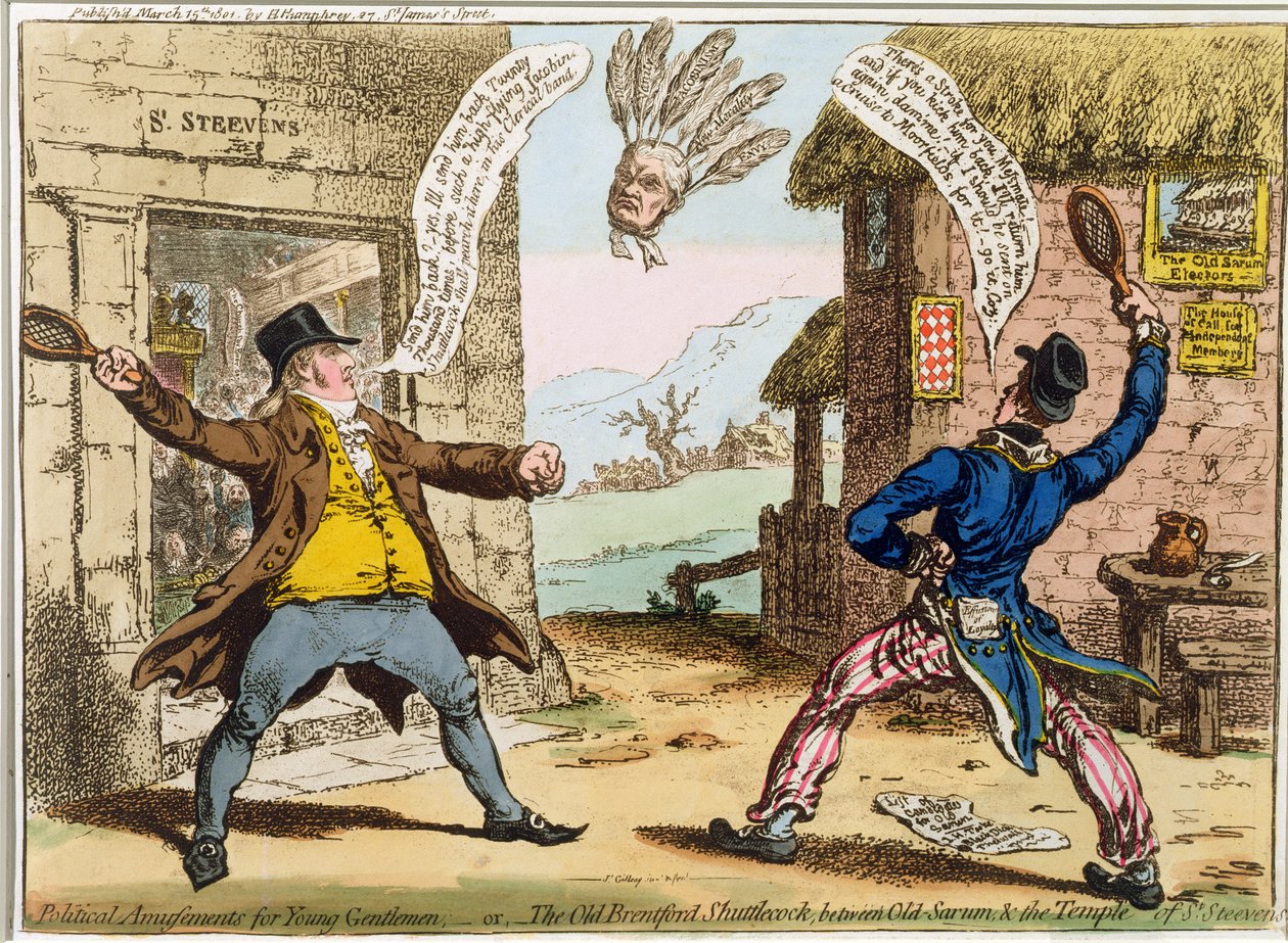 Politikai mulatságok fiatal uraknak, avagy The Old Brentford Shuttlecock, Old Sarum és a St. Steevens templom között, Hannah Humphrey adta ki 1801-ben (kézzel színezett rézkarc) alkotó: James Gillray