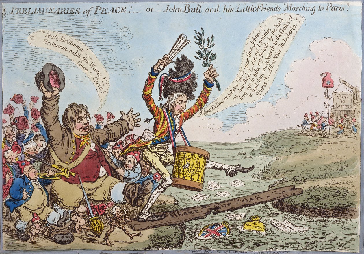 Preliminaries of Peace, avagy John Bull és kis barátai menetelnek Párizsba, Hannah Humphrey adta ki 1801-ben (kézzel színezett rézkarc) alkotó: James Gillray