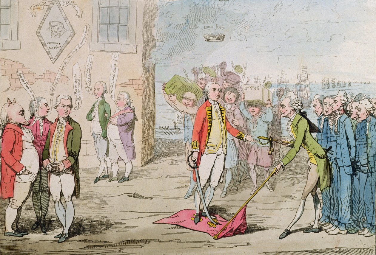 Rodney Triumphant, avagy Lee-Shore admirális a szeméttelepeken, 1782 (kézzel színezett rézkarc) alkotó: James Gillray