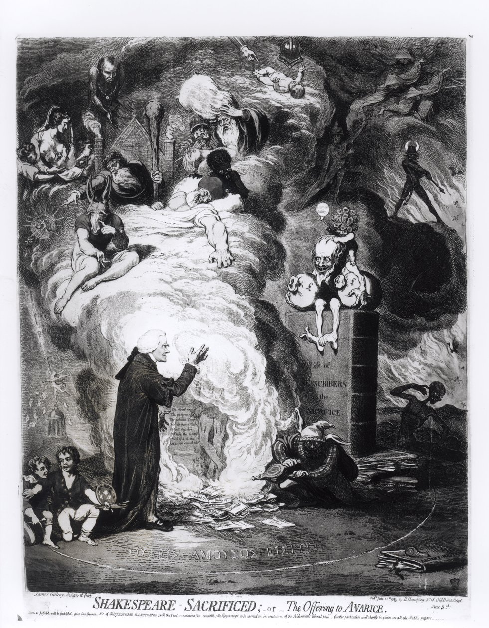 Shakespeare Sacrificed, avagy A kapzsiságnak való felajánlás 1789-ben jelent meg alkotó: James Gillray