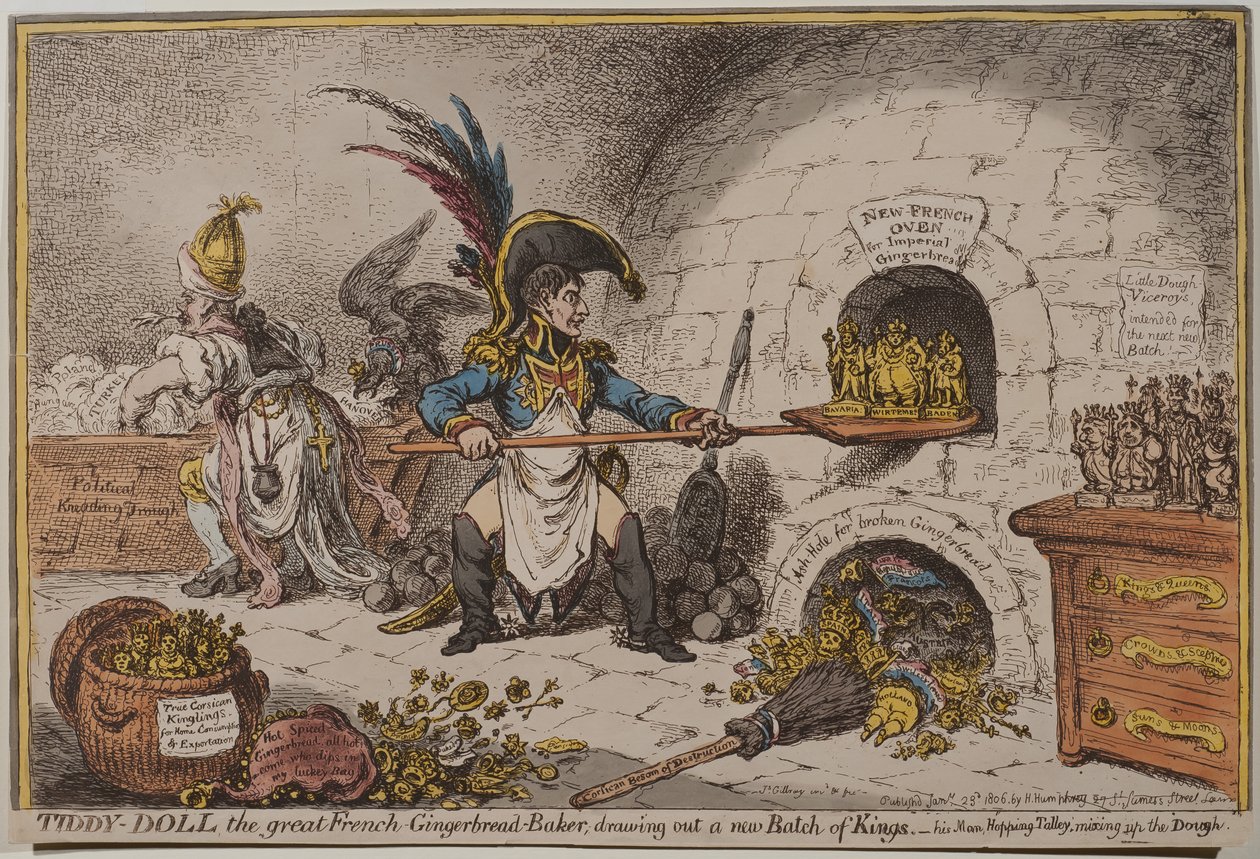 Tiddy-Doll, a nagy francia mézeskalács-sütő, egy új Batch of Kings-et rajzol ki, 1806 alkotó: James Gillray