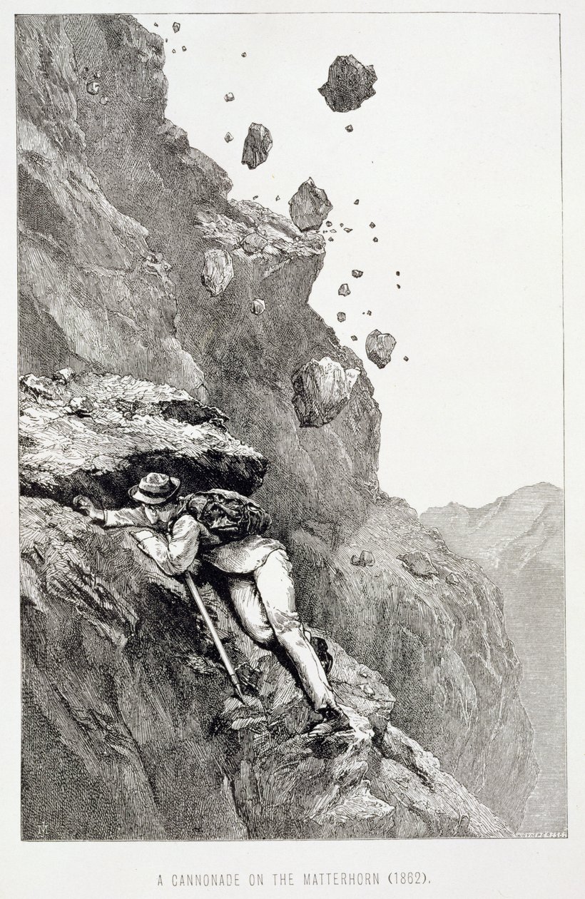 Cannonade on the Matterhorn, 1862, a „The Ascent of the Matterhorn” című művéből, Edward Whymper (1840-1911) metszetéből, az 1860-80-as években megjelent alkotó: James Mahoney