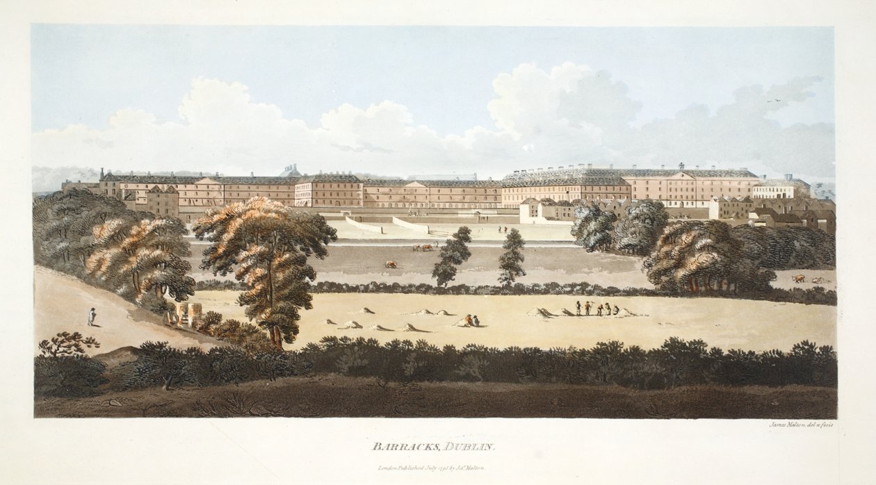 Barracks, Dublin (kézzel színezett metszet) alkotó: James Malton
