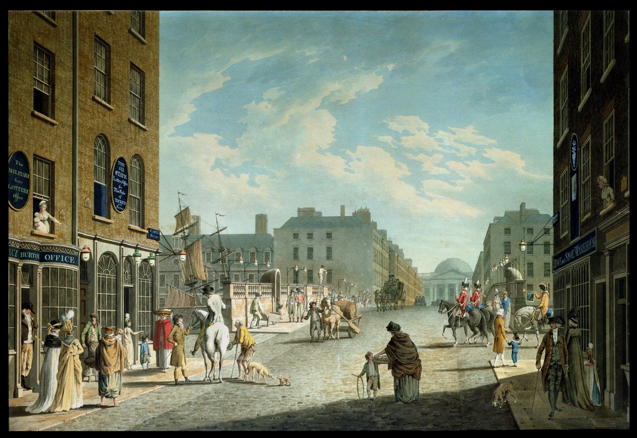 Capel Street és a Royal Exchange, Dublin, 1800 alkotó: James Malton