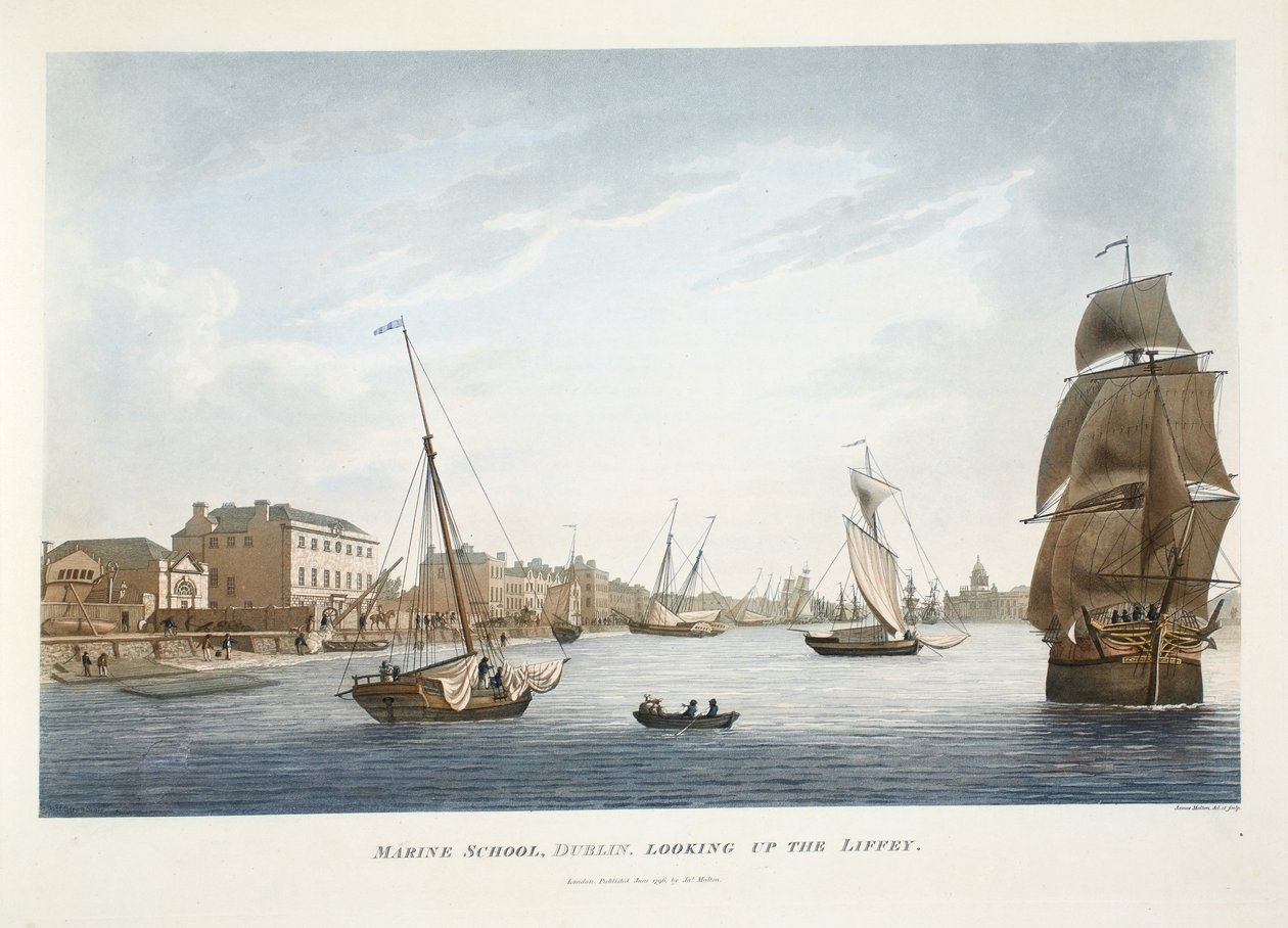 Tengerészeti Iskola, Dublin, felnéz a Liffeyre, 1796 (kézzel színezett metszet) alkotó: James Malton