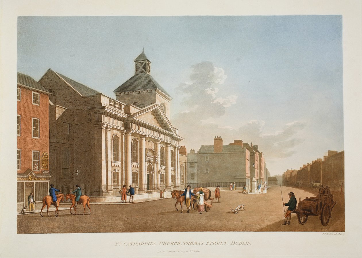 Szent Katalin-templom, Thomas Street, Dublin, 1797 (kézzel színezett metszet) alkotó: James Malton