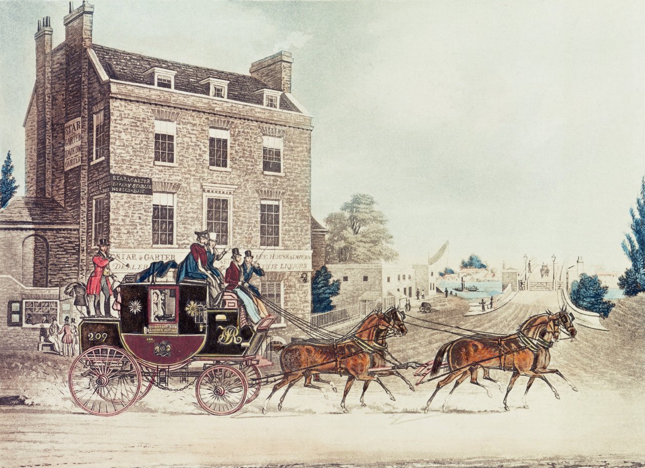 Quicksilver Royal Mail áthalad a Star és a Harisnyakötő mellett a Kew Bridge-nél, 1835 alkotó: James Pollard