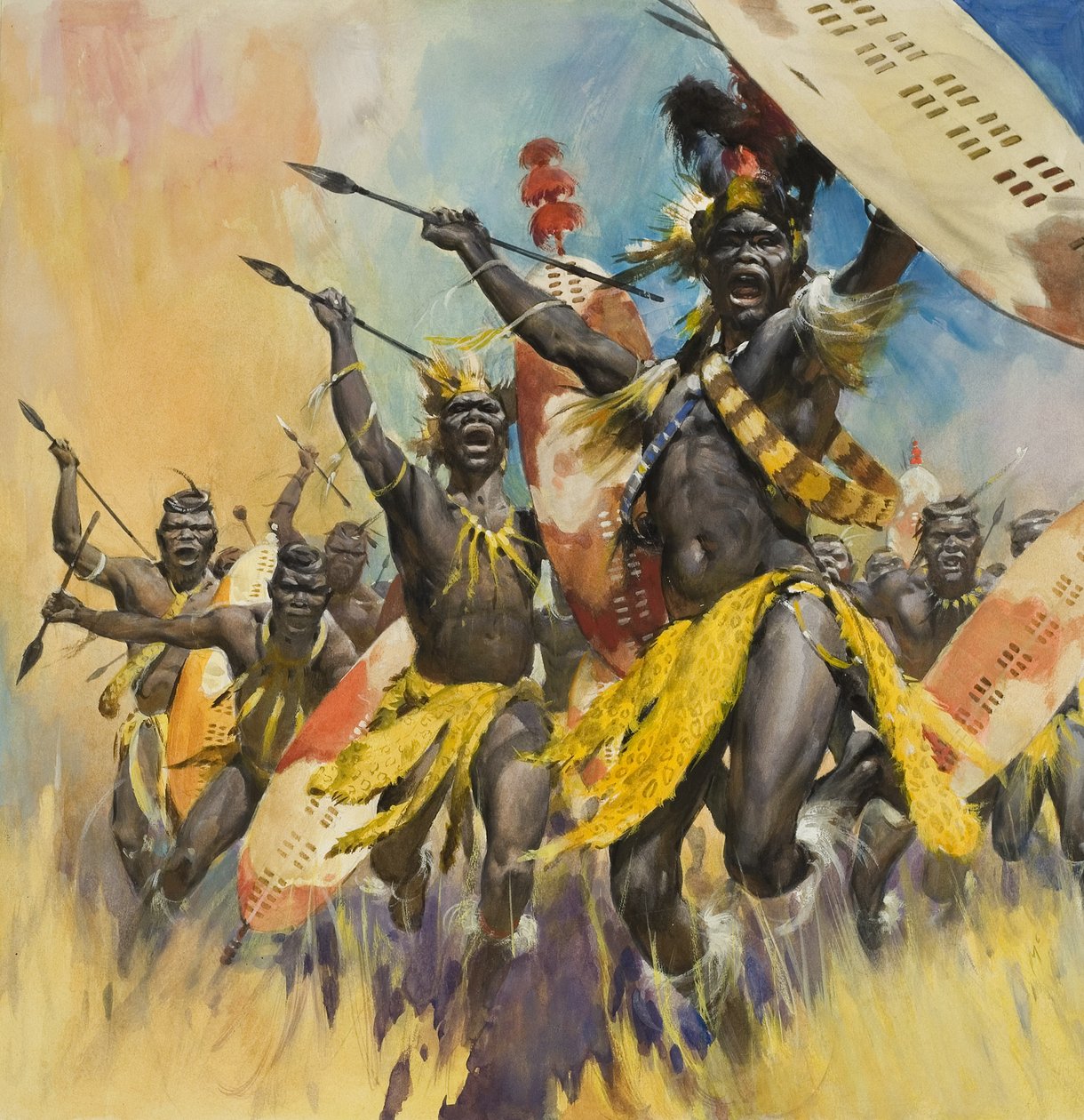 Zulu Warriors (gouache, papír) alkotó: James Edwin McConnell