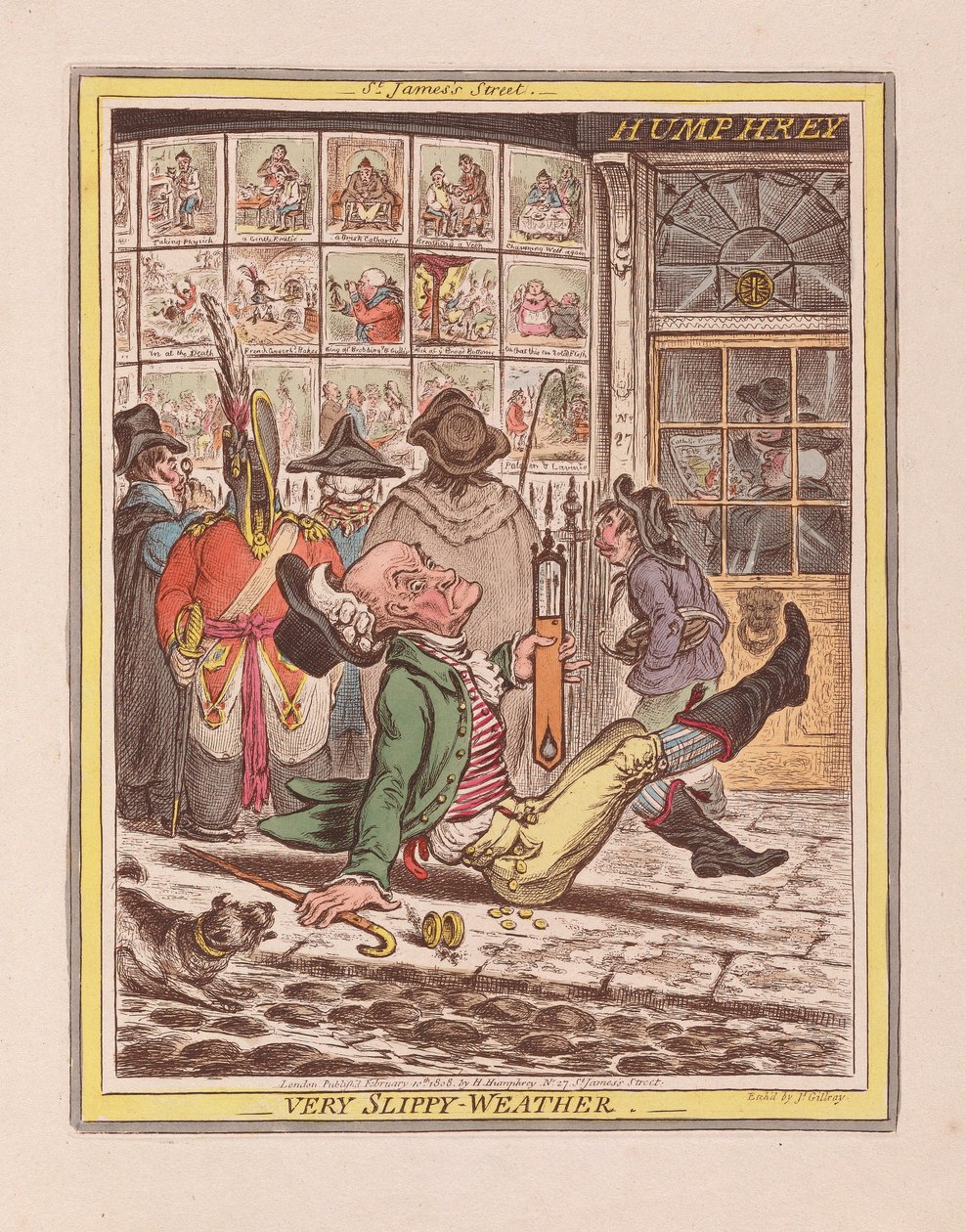 Nagyon csúszós idő, kocsma. 1808 (kézzel színezett metszet) alkotó: James Gillray