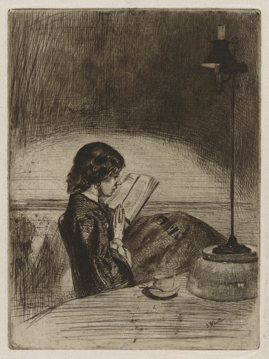 Olvasás lámpafénynél alkotó: James Abbott McNeill Whistler