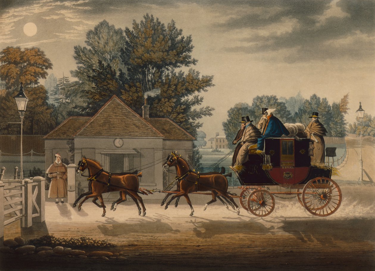 Mail Coach by Moonlight (színes gravírozás) alkotó: James Pollard