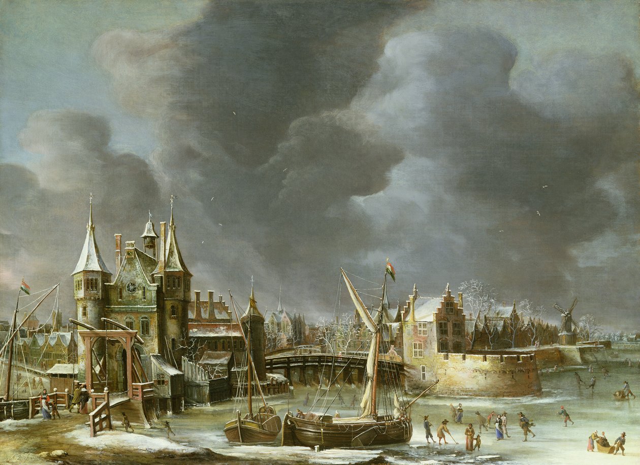 Kilátás a Regulierspoortra, Amszterdamban, télen alkotó: Jan Abrahamsz. Beerstraten