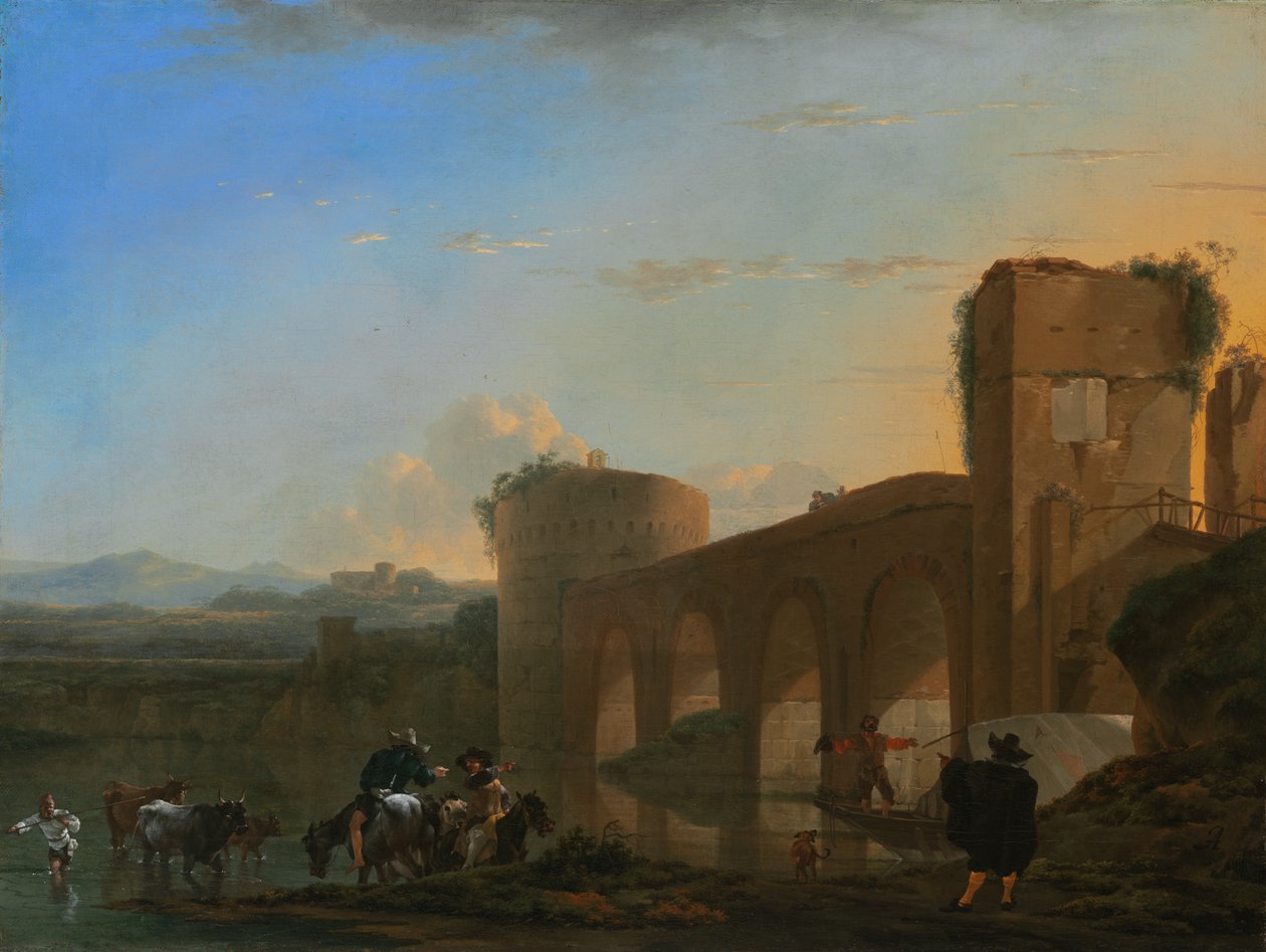 A Tiberis -folyó és a Ponte Molle naplementekor alkotó: Jan Asselijn