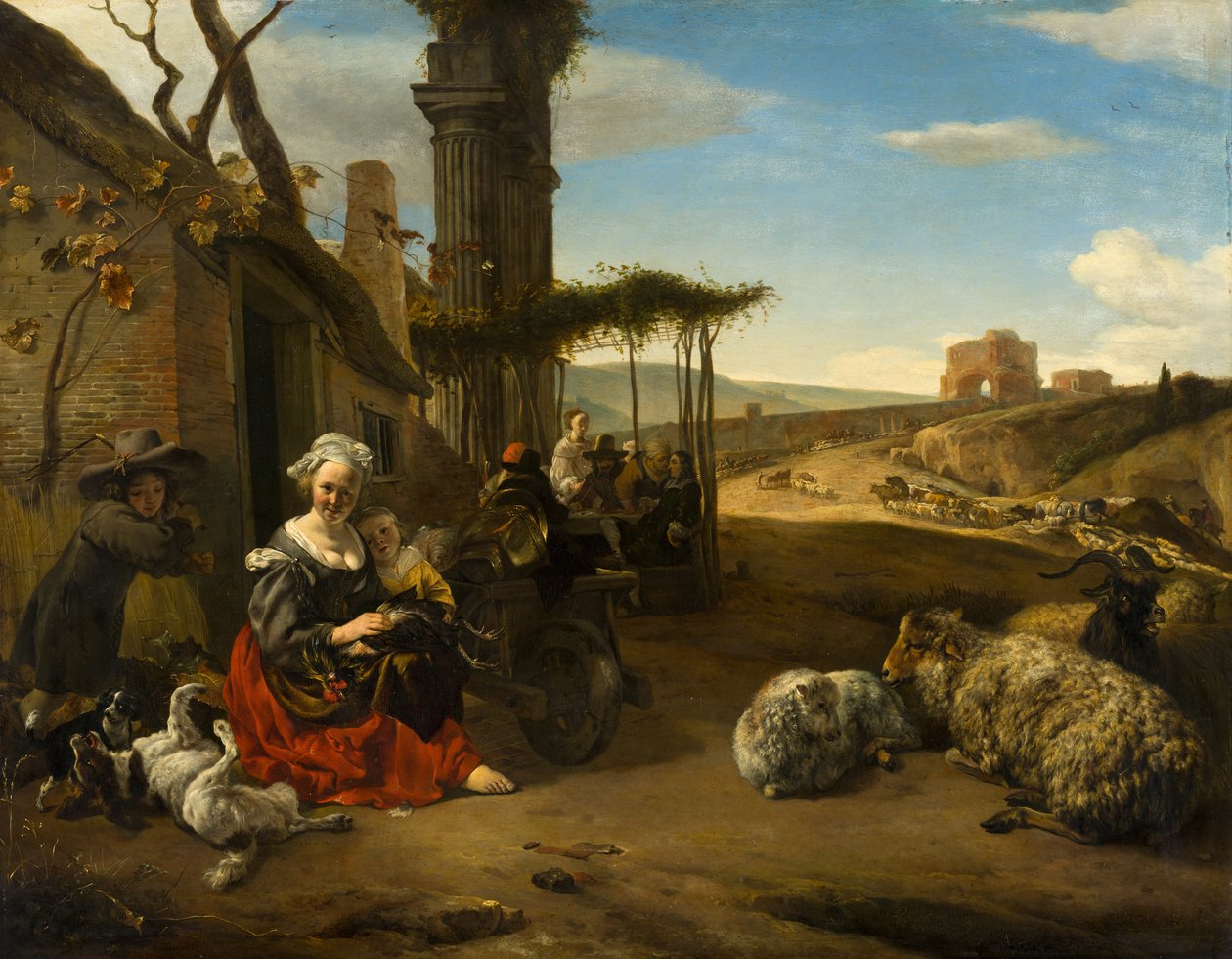 Olasz táj fogadóval és ősi romokkal alkotó: Jan Baptist Weenix