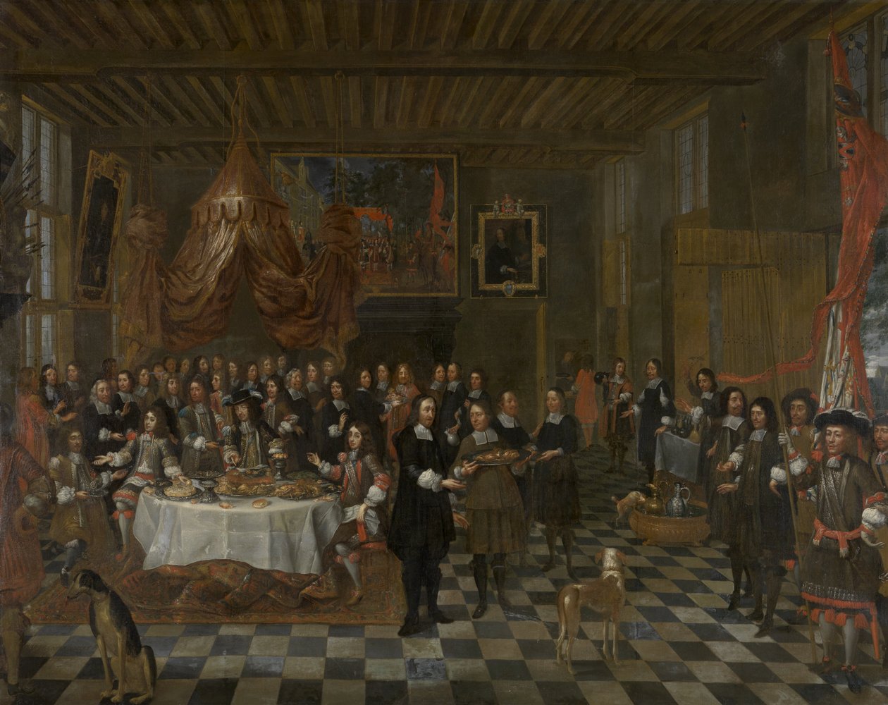A Brugge -i Szent Barbarai Céh bankettet rendez II. Károly angol királynak és két testvérének a céhszobában. alkotó: Jan Baptist van Meunincxhove