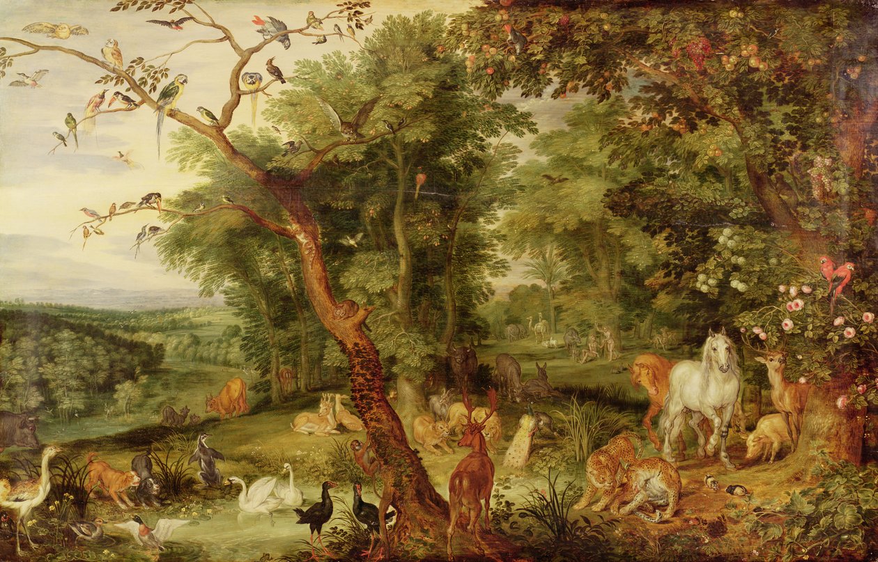 Az Édenkert; a háttérben The Temptation (olaj, tölgy panel) alkotó: Jan the Elder Brueghel