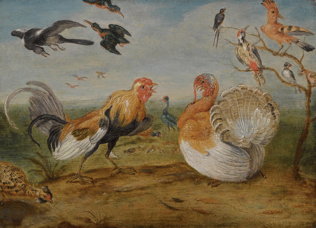 Egy táj, ahol kakas és pulyka veszekedik, és más szárnyasok alkotó: Jan van Kessel the Elder