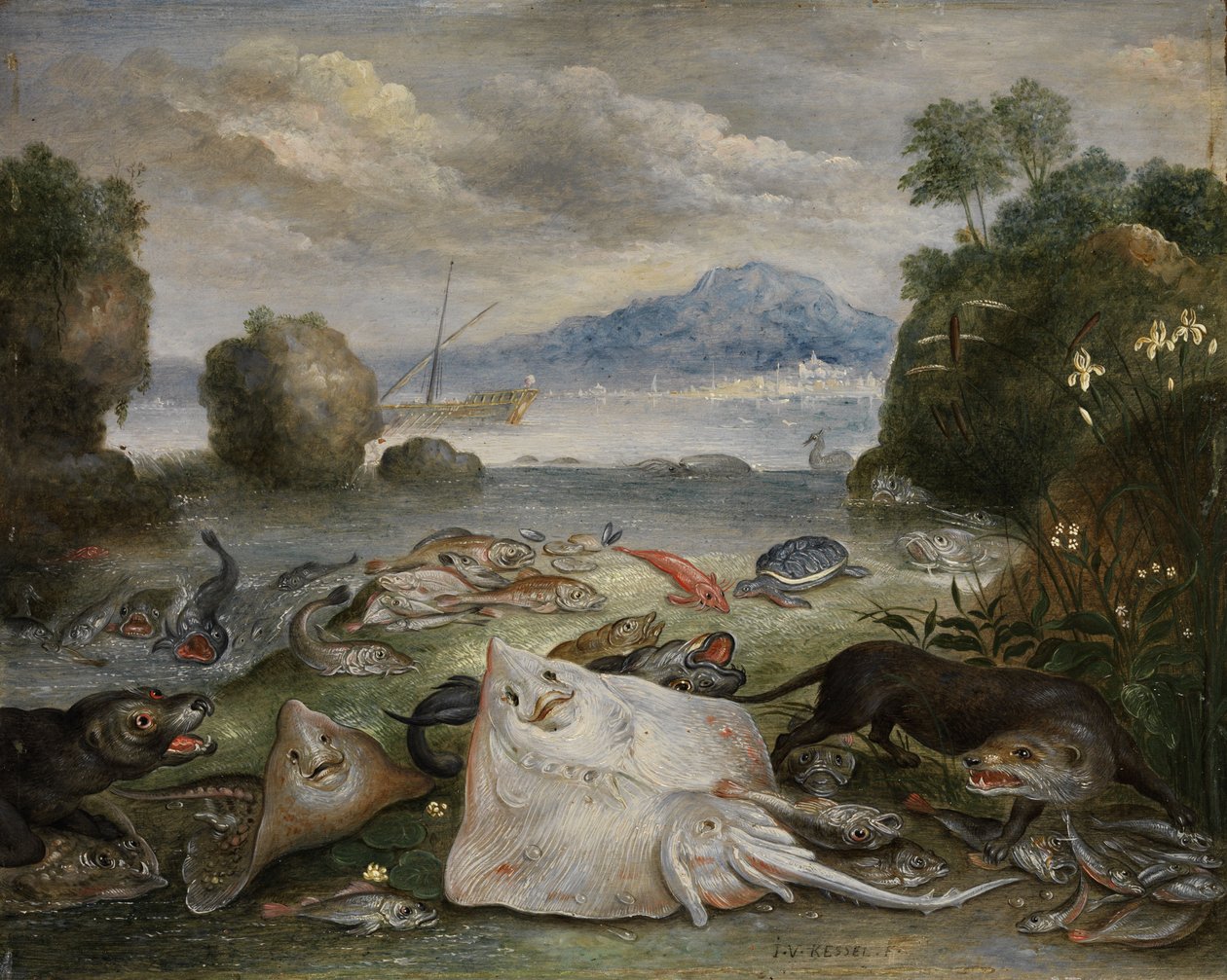 Tengeri állatok, halak és vidrák a tengerparton, kilátással egy öbölre, vitorlás hajóval és hegyekkel a távolban alkotó: Jan van Kessel the Elder